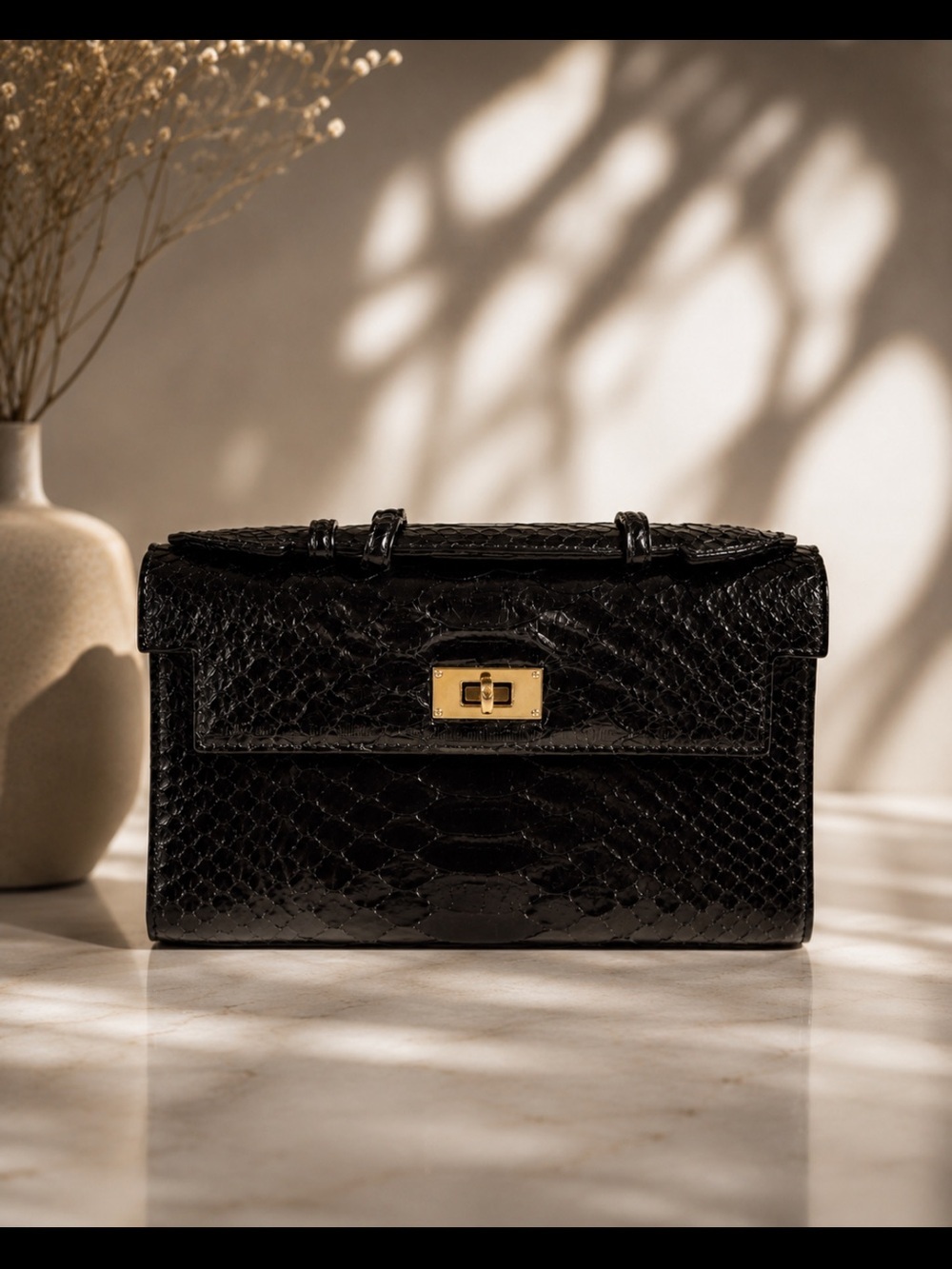 Ellen Kramer Black Snakeskin Embossed Kelly Style Handbag Gold Hardware